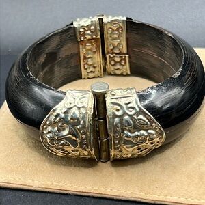Vintage ebony wood bracelet with pin hinge, Bohemian dancer design on silver